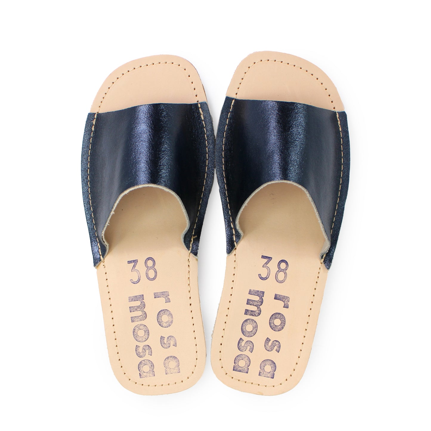 rosamosa blue metallic leather slipper cork heel