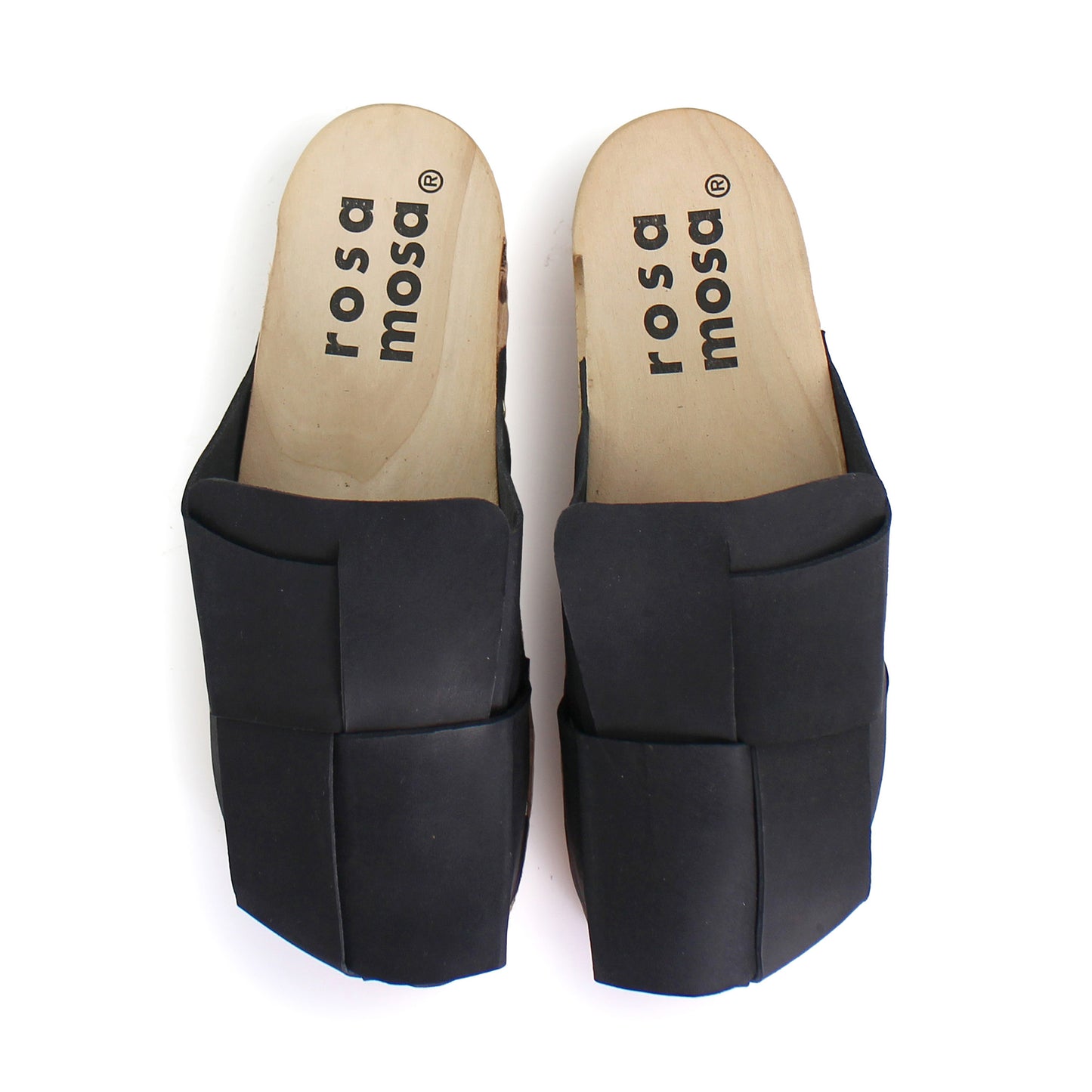 rosamosa chess all black leather natural wooden clog