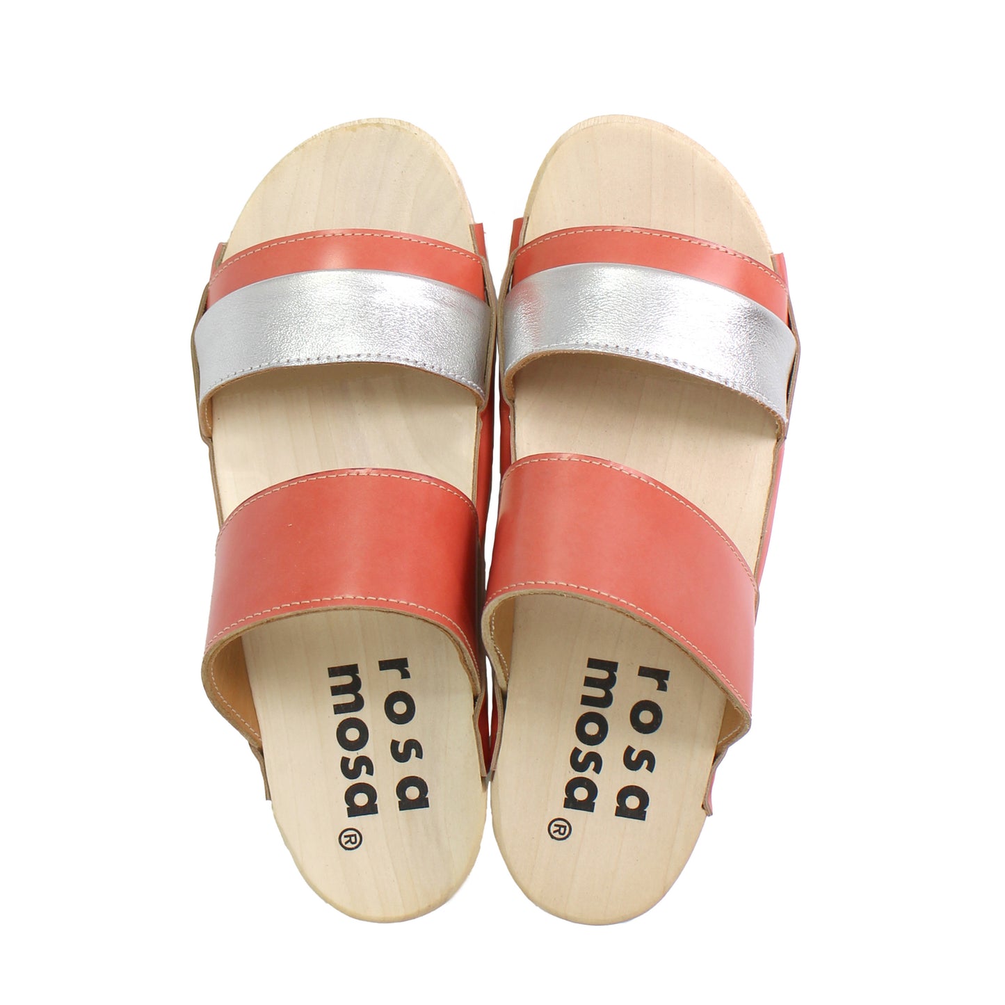 rosamosa donau pink silver leather double dark wooden clog strap slippers