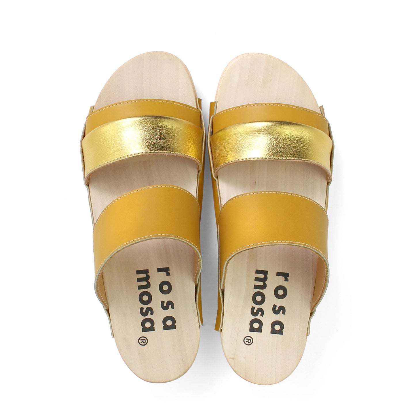 rosamosa donau yellow sun gold leather strap wooden clog shoe