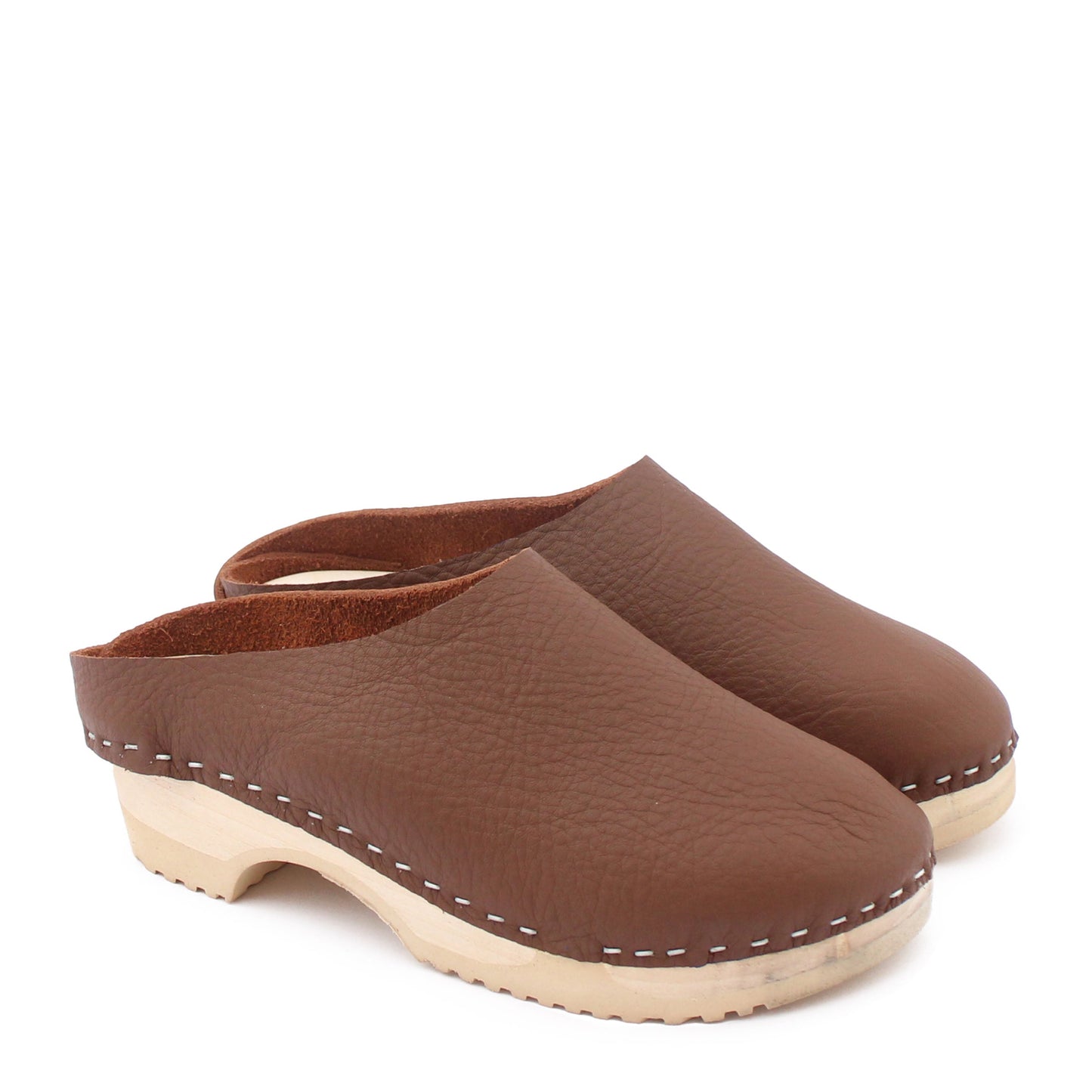 rosamosa round brown leather natural wooden clog
