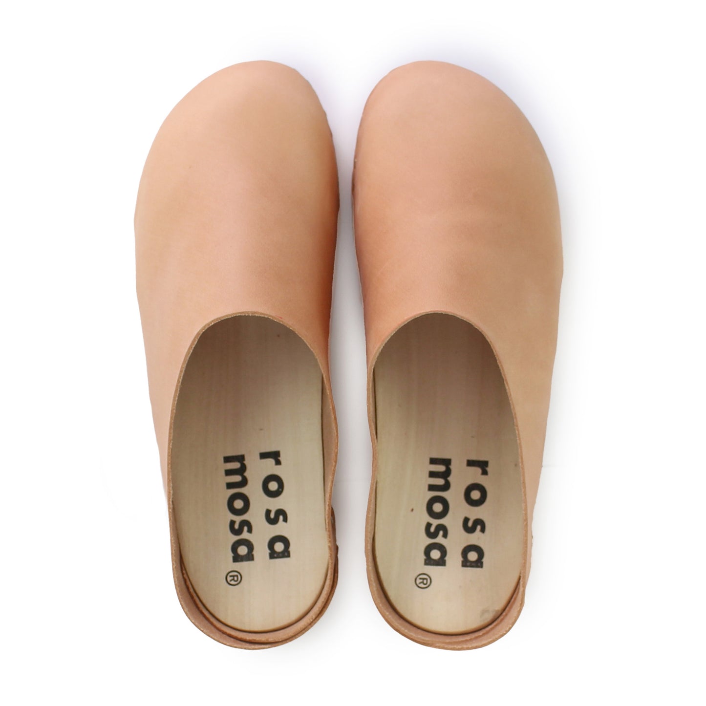 rosamosa round cammello leather natural wooden clog