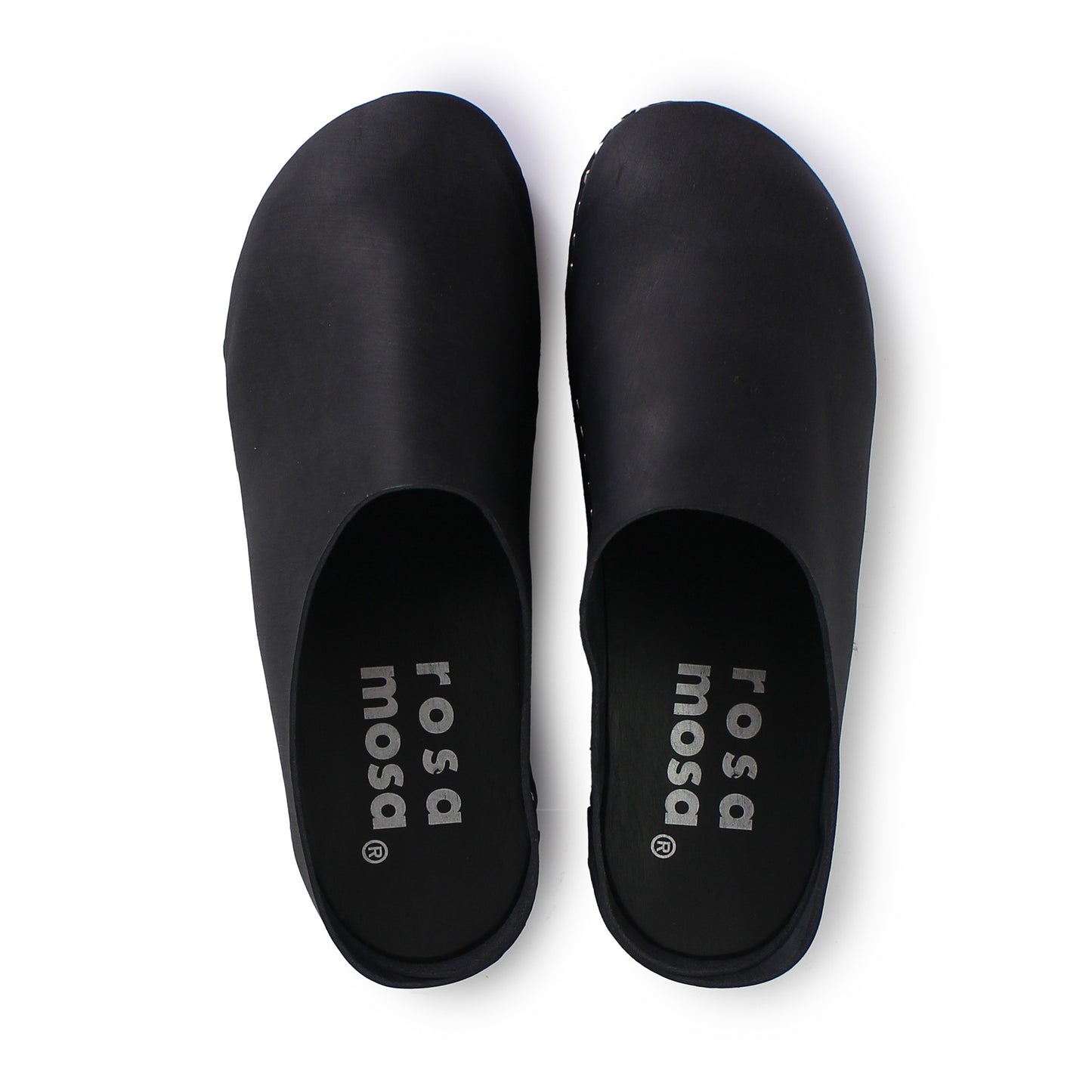 rosamosa round black leather dark wooden clog