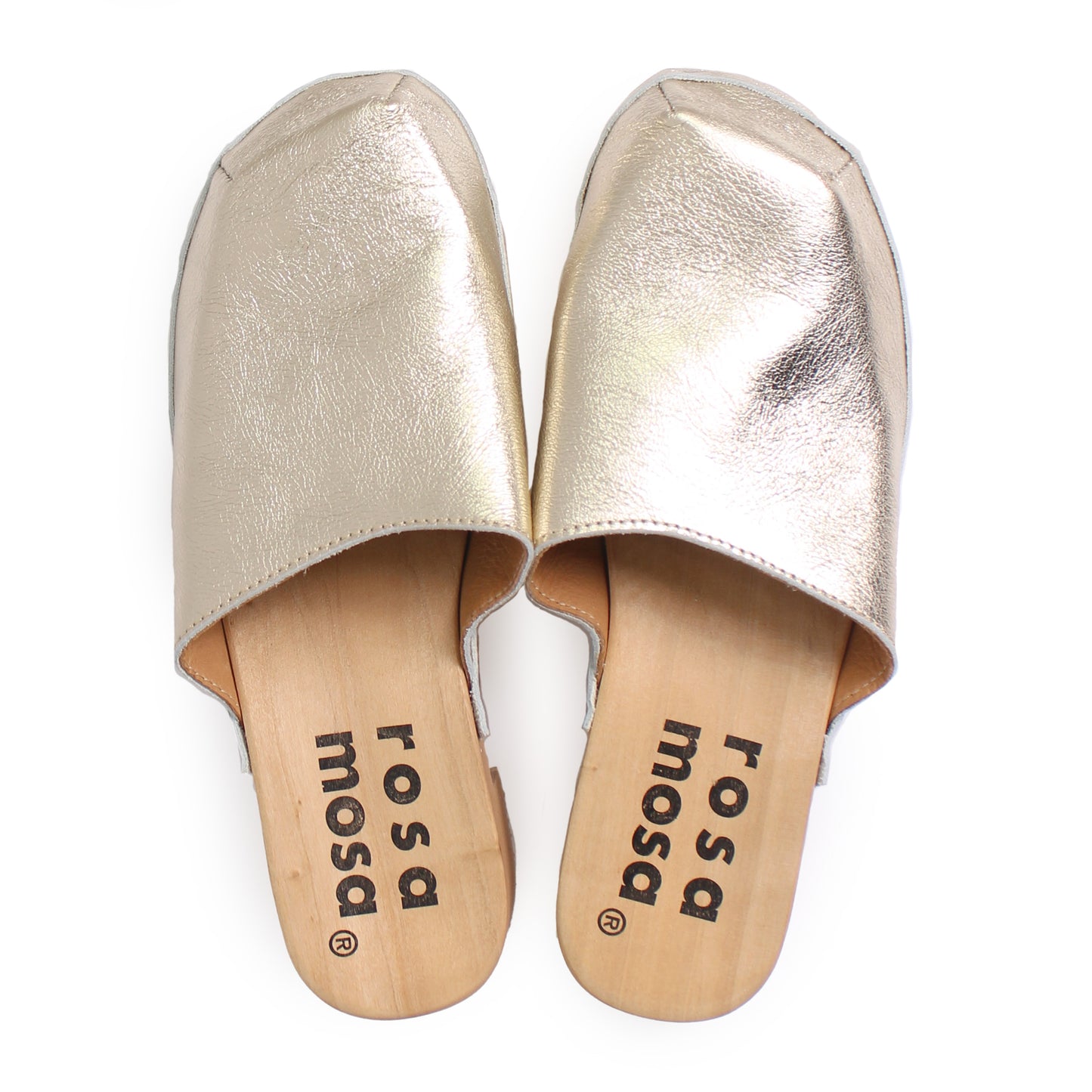 rosa mosa rocco champagne metallic leather natural wooden clog