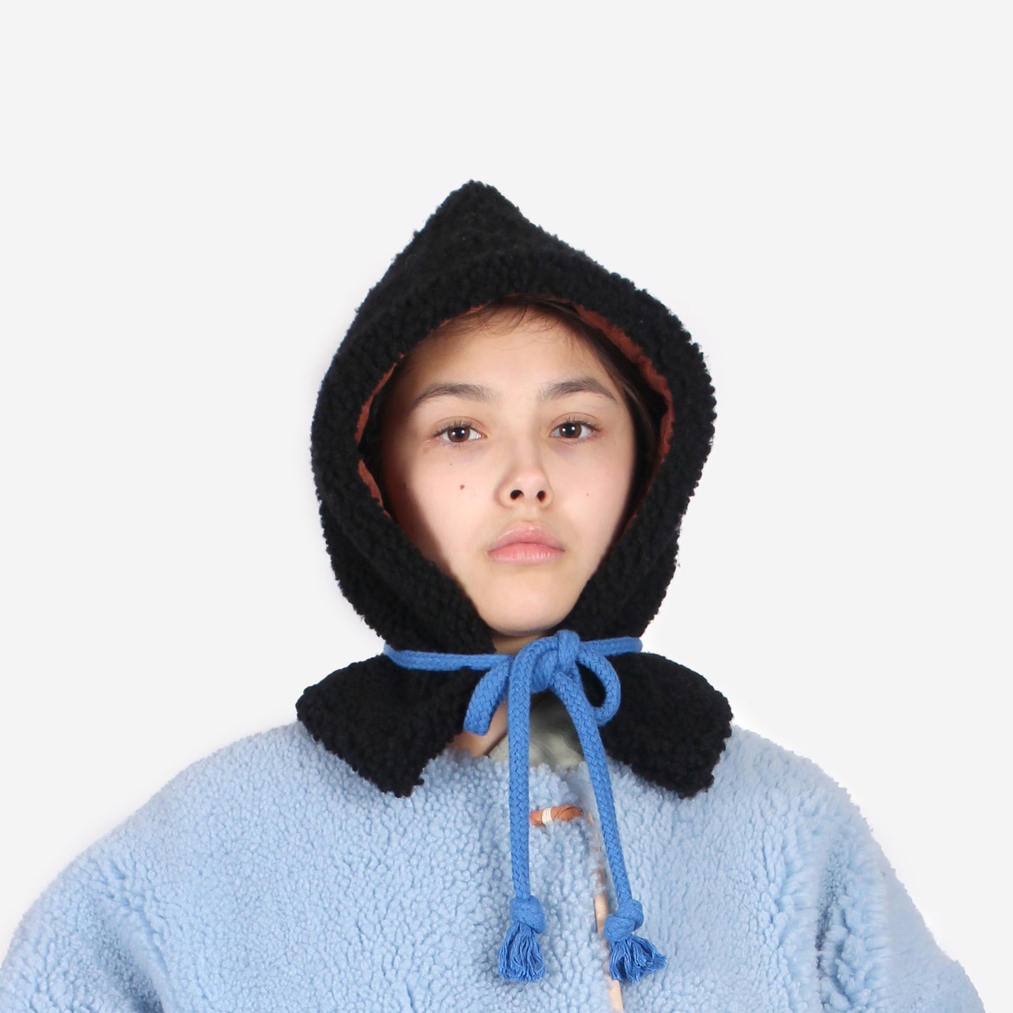 SHEARLING HOODIE + Black with cobalt blue cord