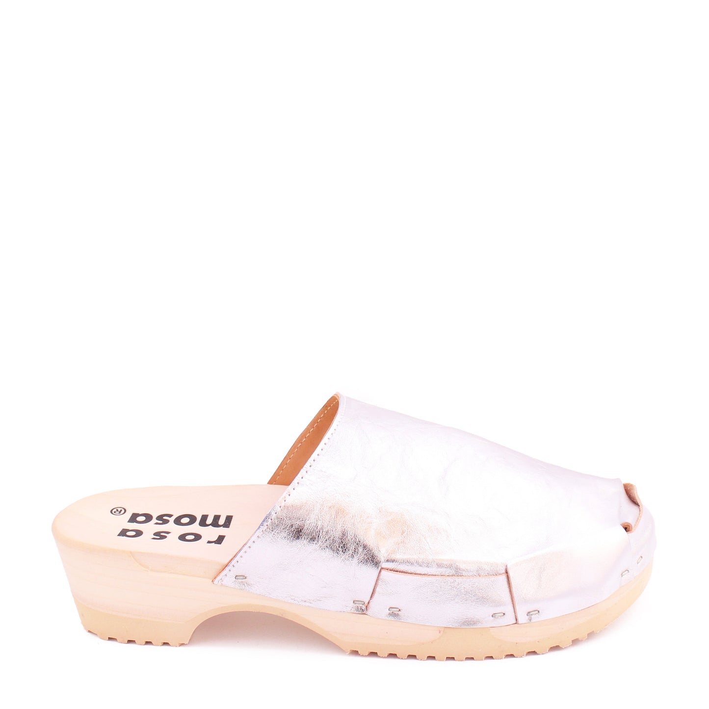 rosamosa donau simple silver leather natural wooden clog