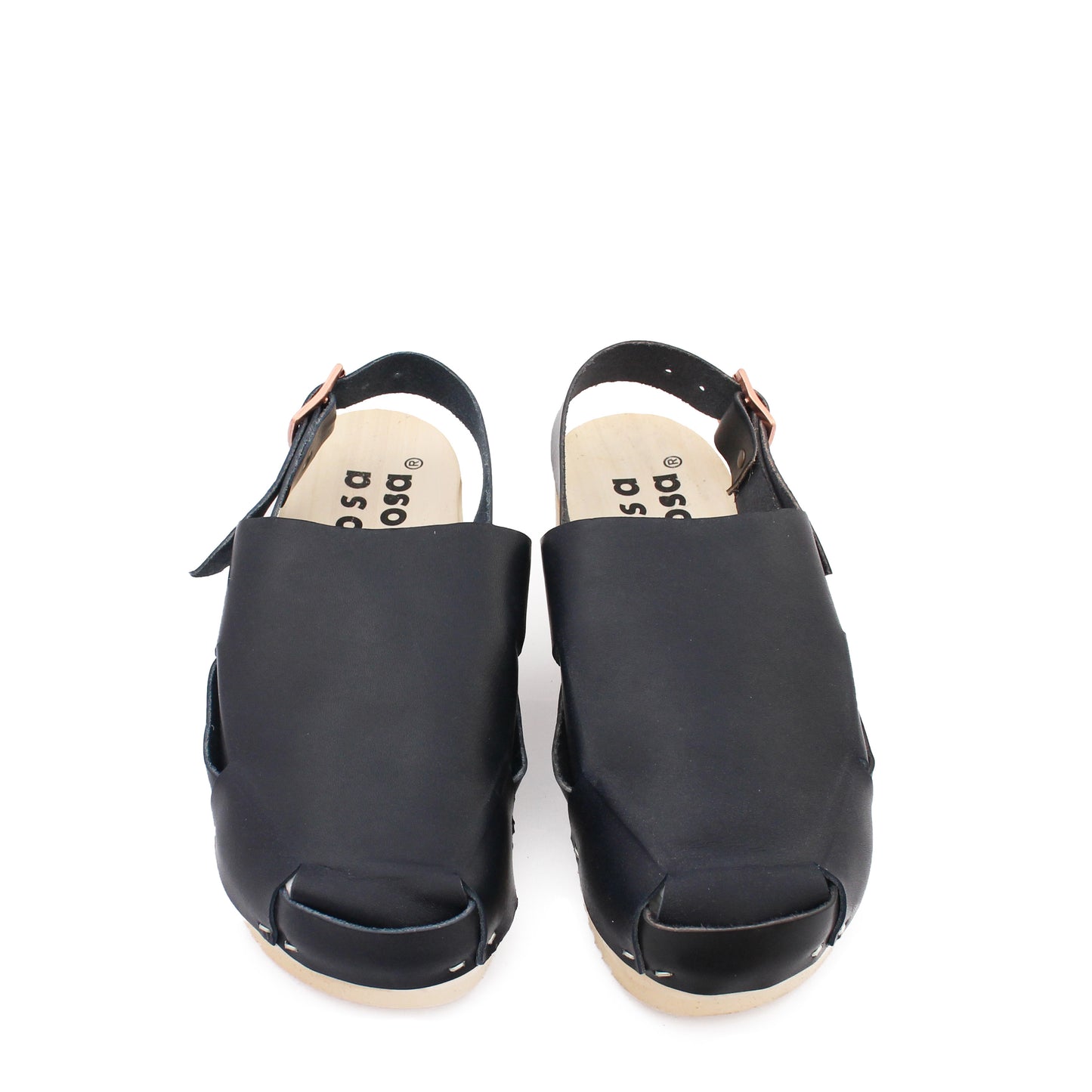 rosamosa donau simple buckle strap black leather natural wooden clog