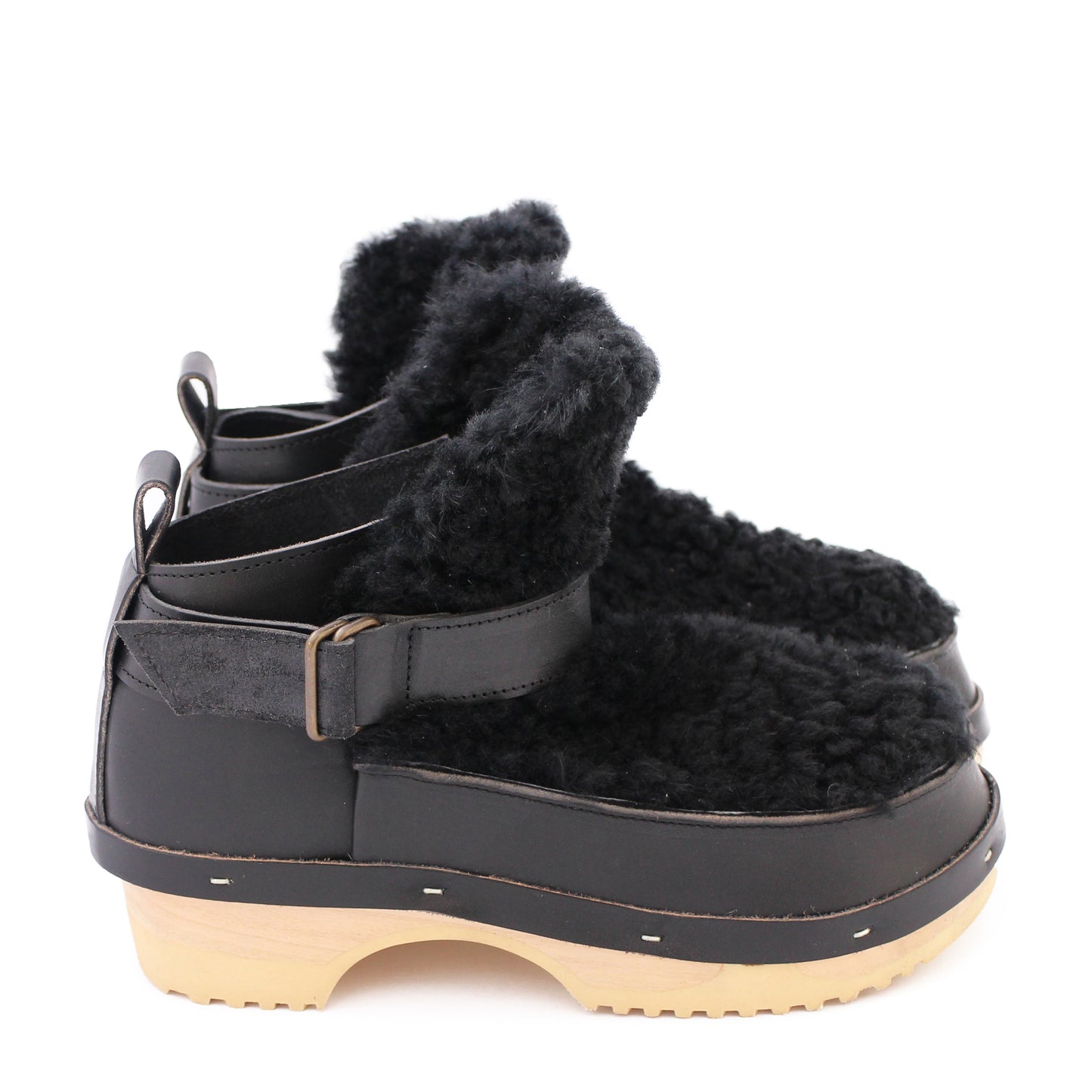 ZORA + Leather Shearling Clog Boots + Black