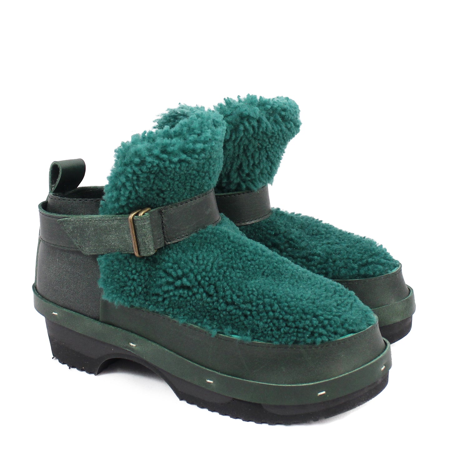 ZORA + Leather Shearling Dark Clog Boots + Emerald Green
