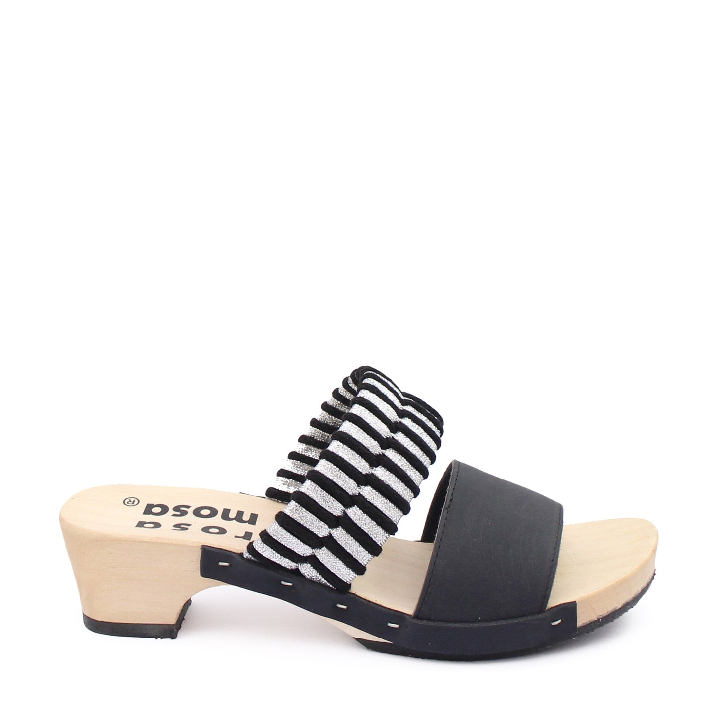 MAGO KNOT Metallic + Cotton Leather Clog Sandals + Silver / Black