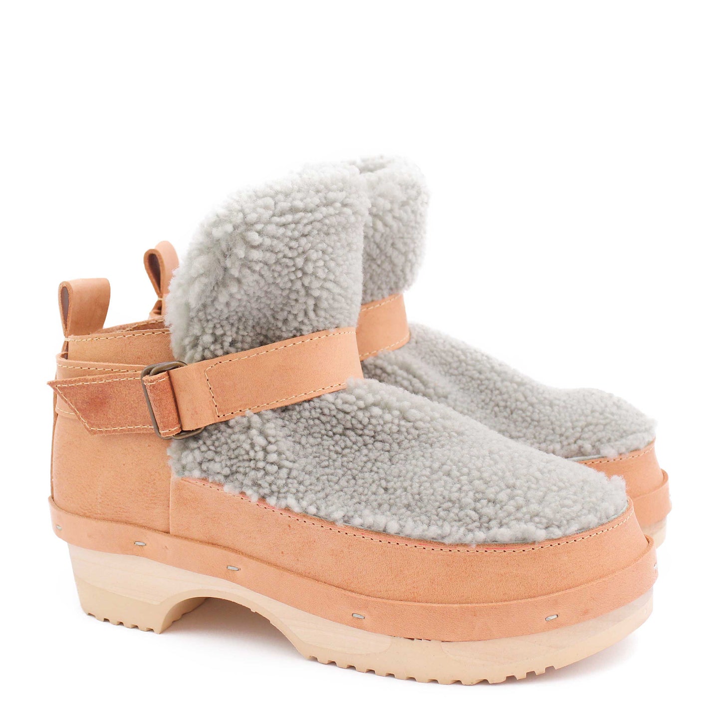 ZORA BOOTS + Leather Shearling Clog Boots + Sage