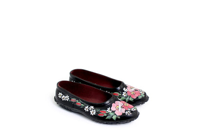 rosamosa black rubber handpainted pink rose flower slippers