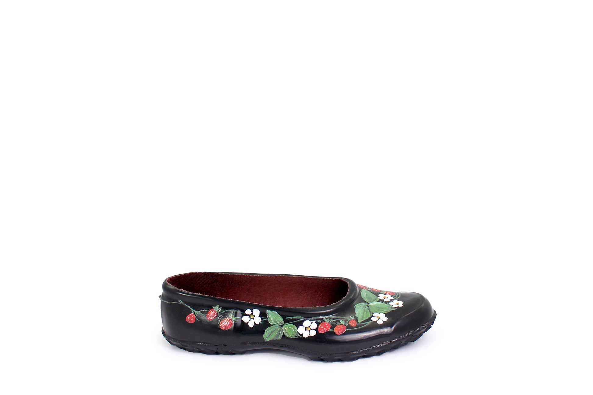 rosamosa black rubber handpainted strawberry slippers