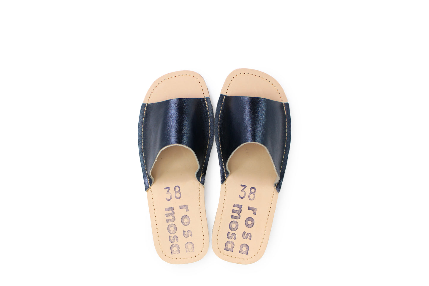 rosamosa blue metallic leather slipper cork heel