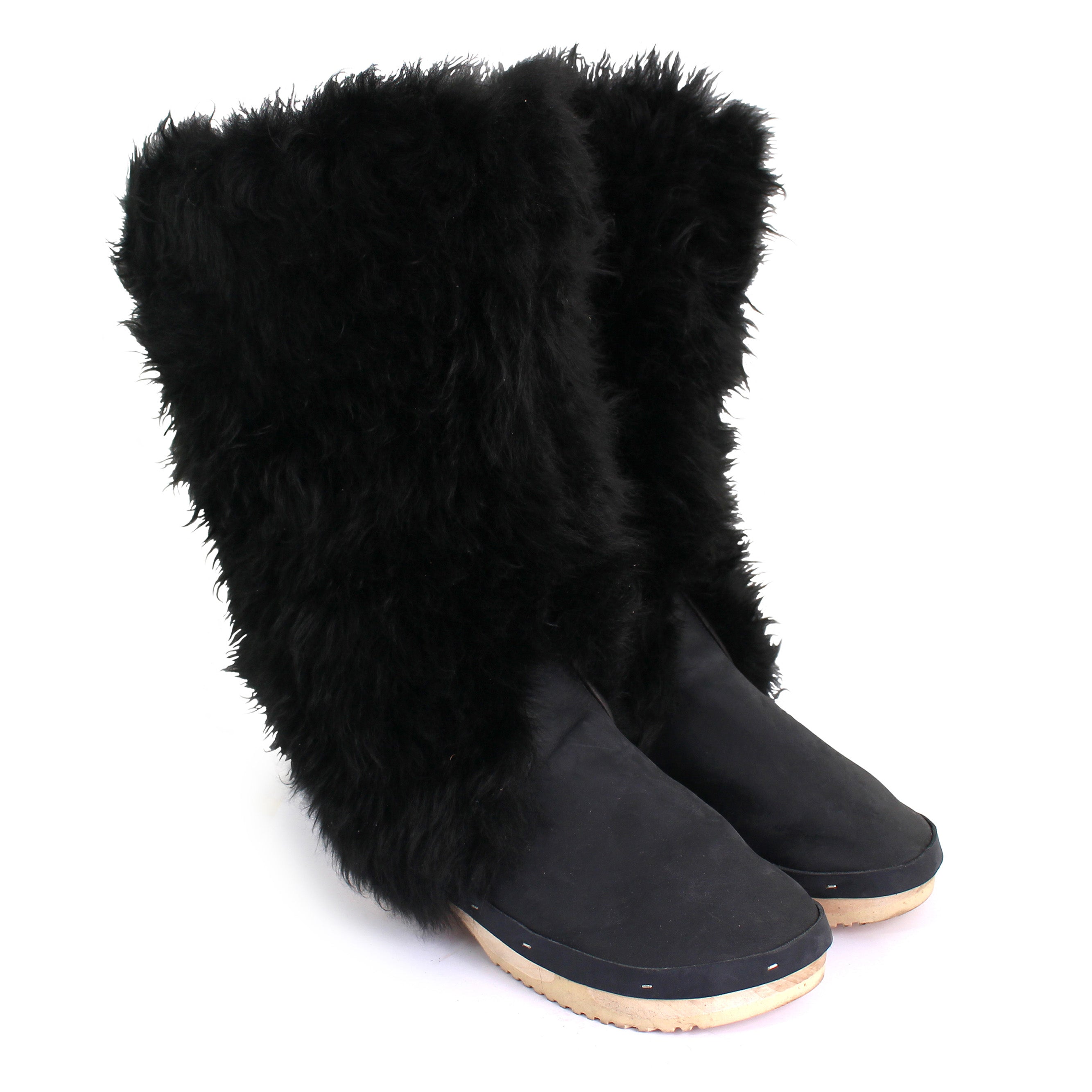 BON BOOTS High + Leather Shearling Dark Clog Knee-high Boots +