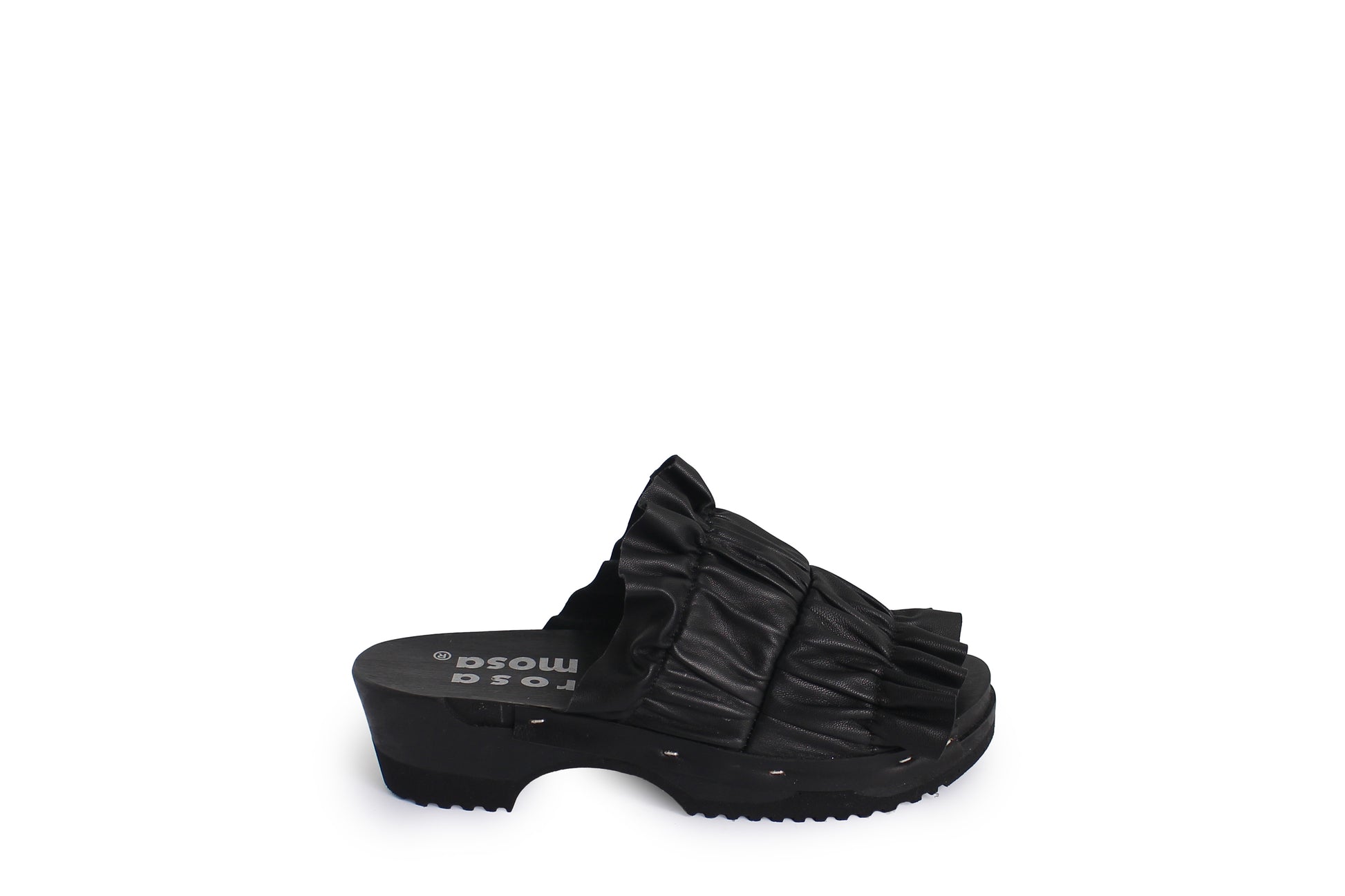 rosamosa chloe black leather wrinkle darjk wooden clog