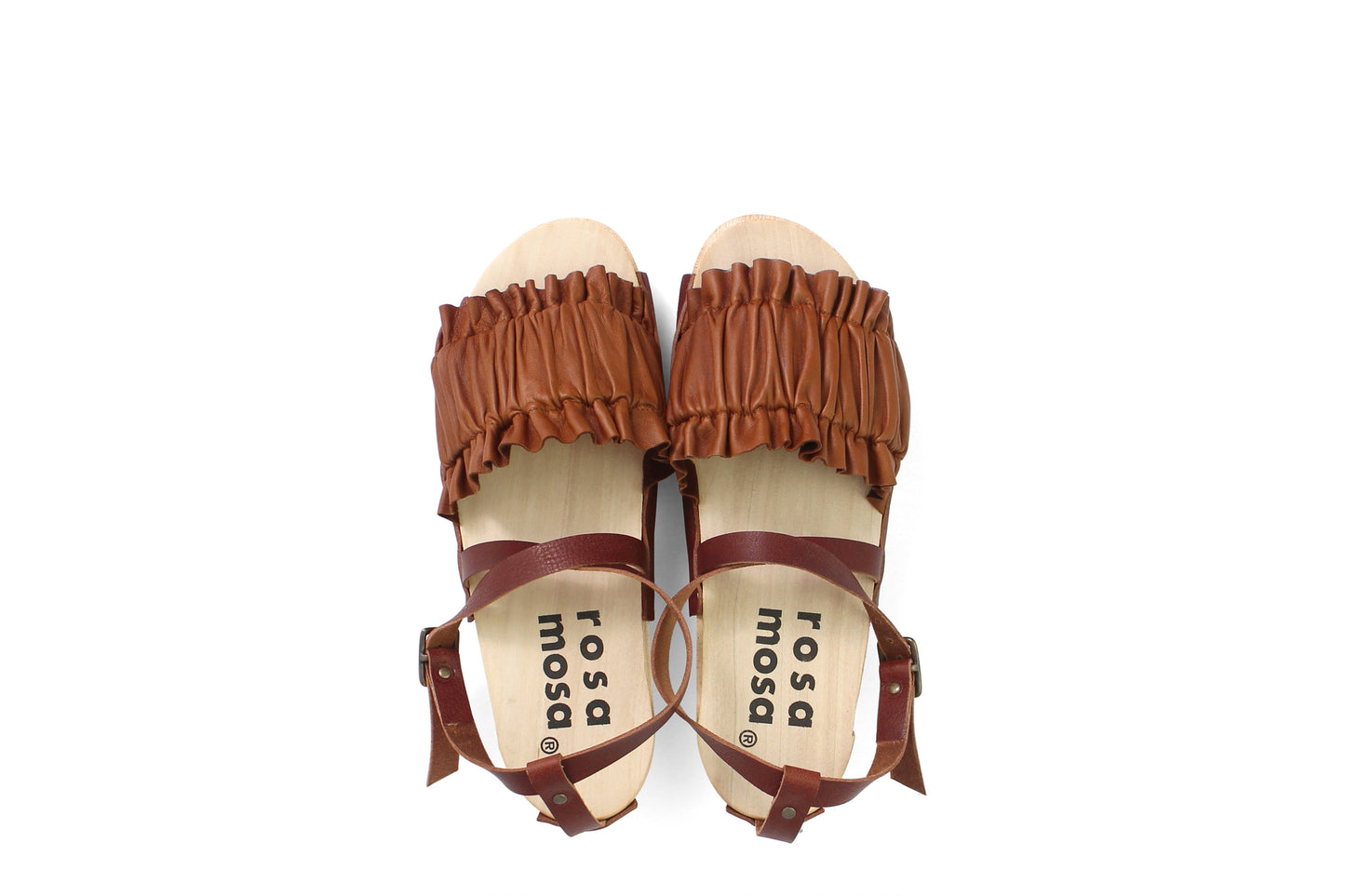 rosamosa chloe strap tabacco leather wooden clog sandal