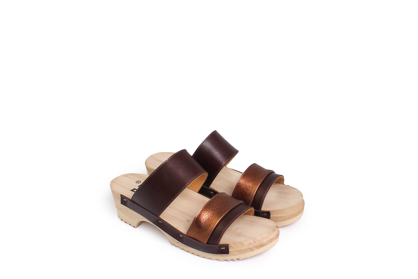 rosamosa donau brown bronze leather strap wooden clog shoe