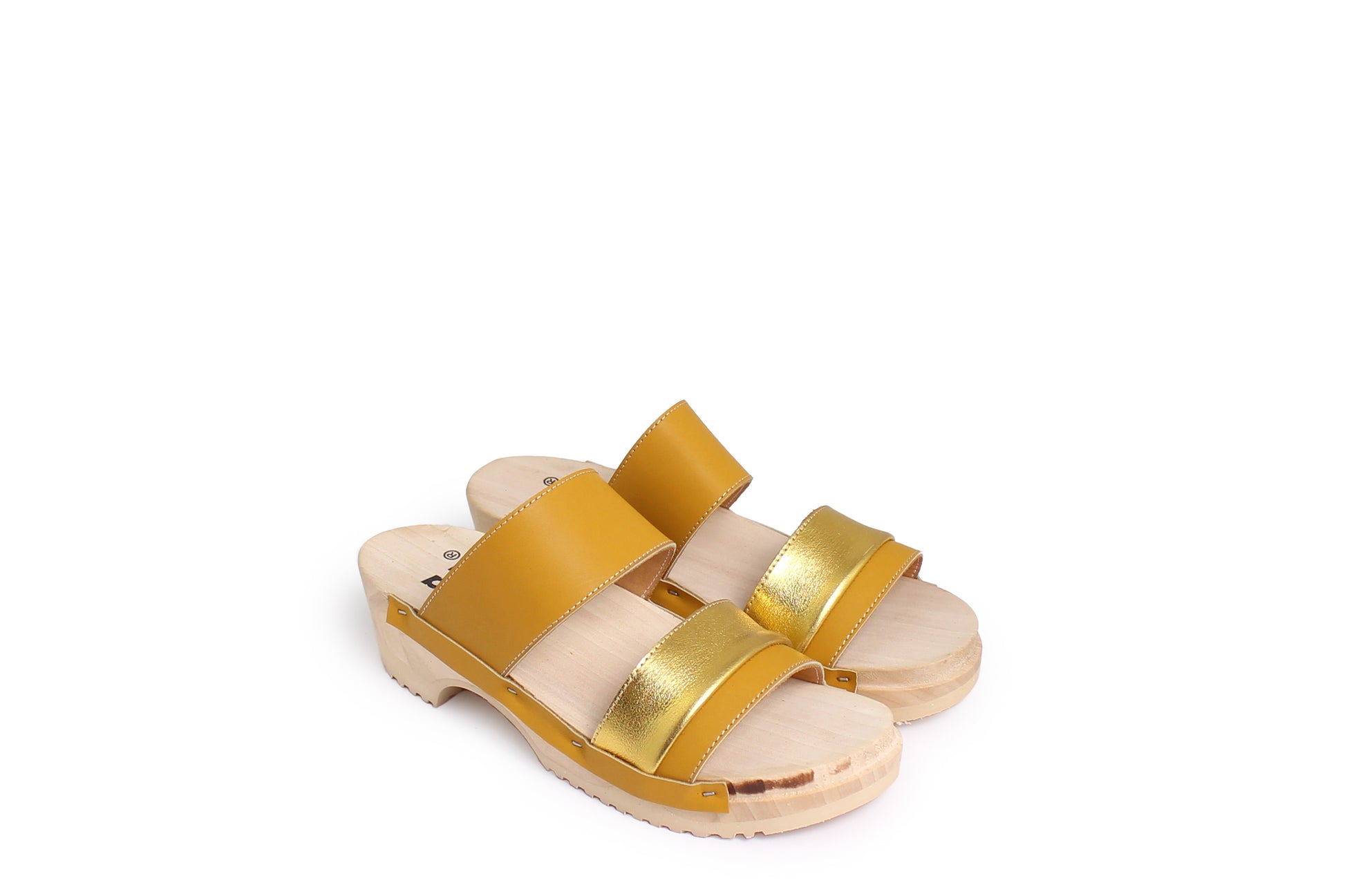 rosamosa donau yellow sun gold leather strap wooden clog shoe