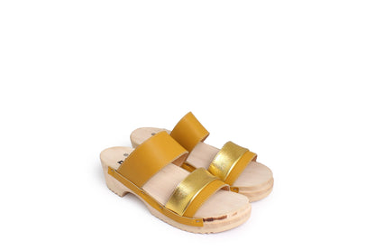 rosamosa donau yellow sun gold leather strap wooden clog shoe