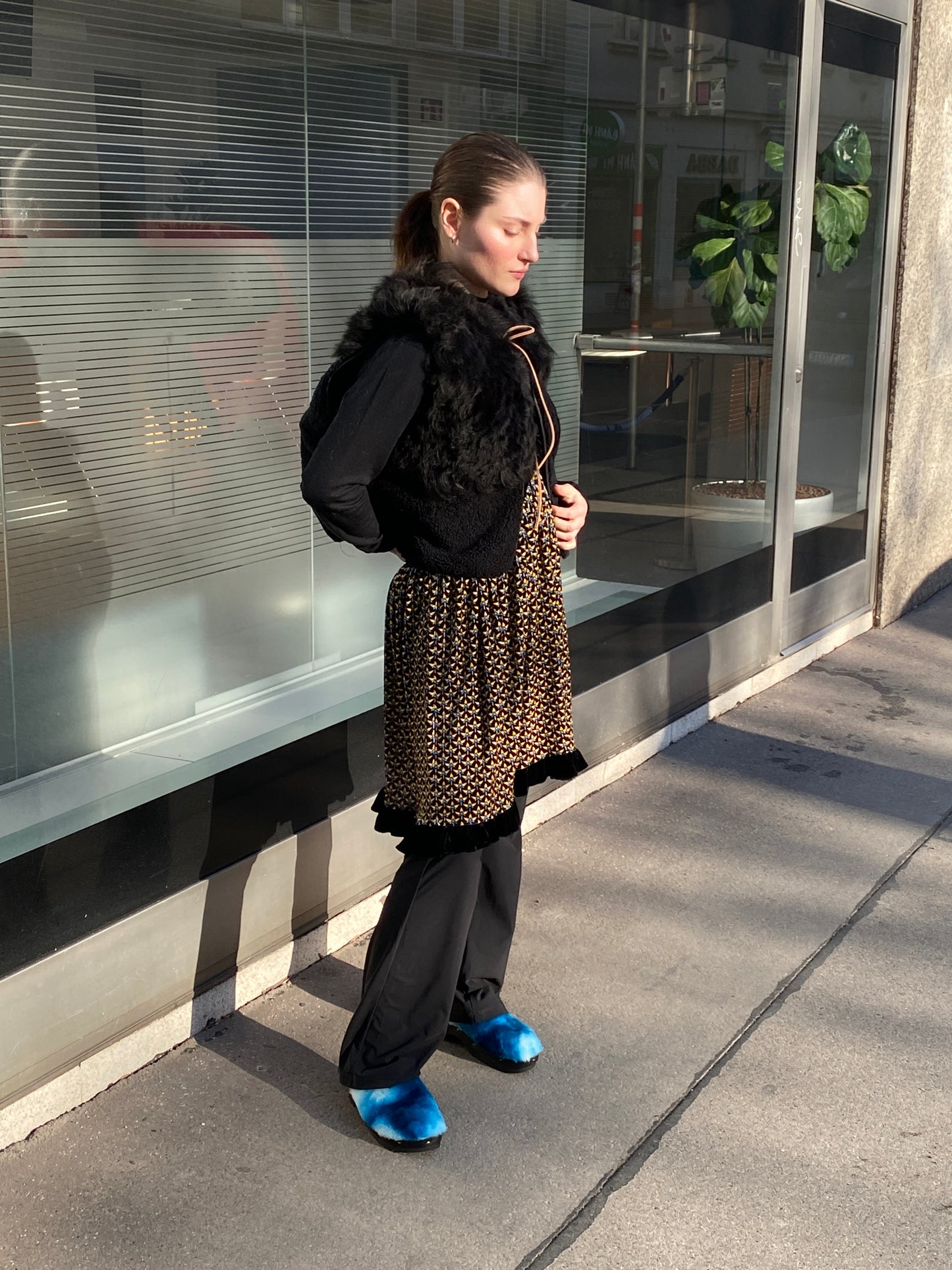 Gilet Vest PATCHWORK + Reversible Shearling Vest + Black long hair