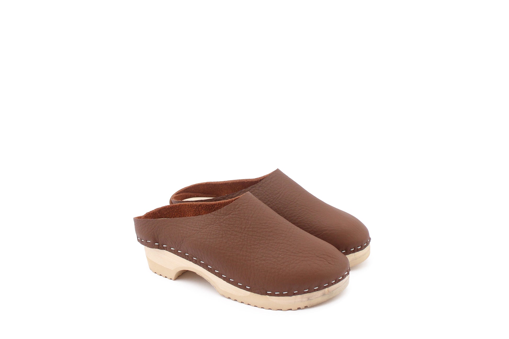 rosamosa round brown leather natural wooden clog