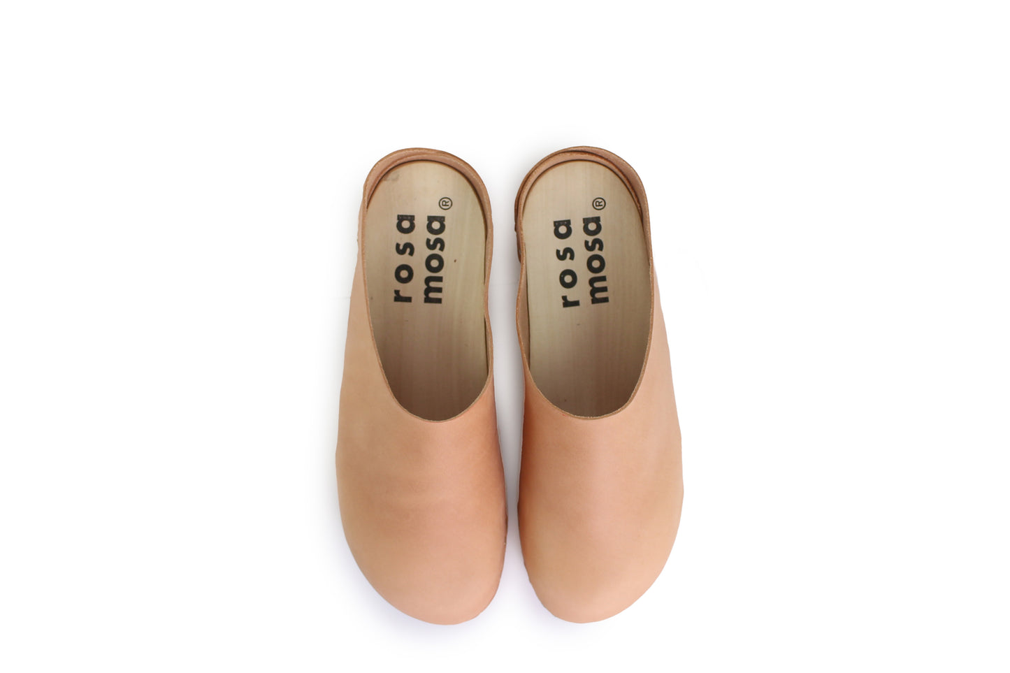 rosamosa round cammello leather natural wooden clog