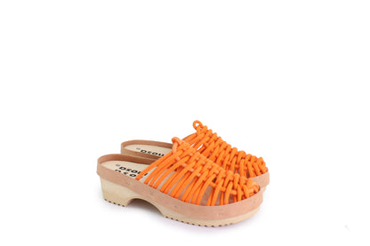 rosamosa panto orange cotton hand-woven net wooden clog