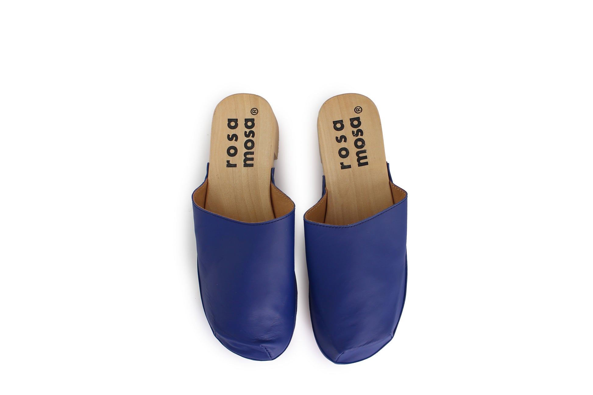 rosamosa rocco blue leather natural wooden clog