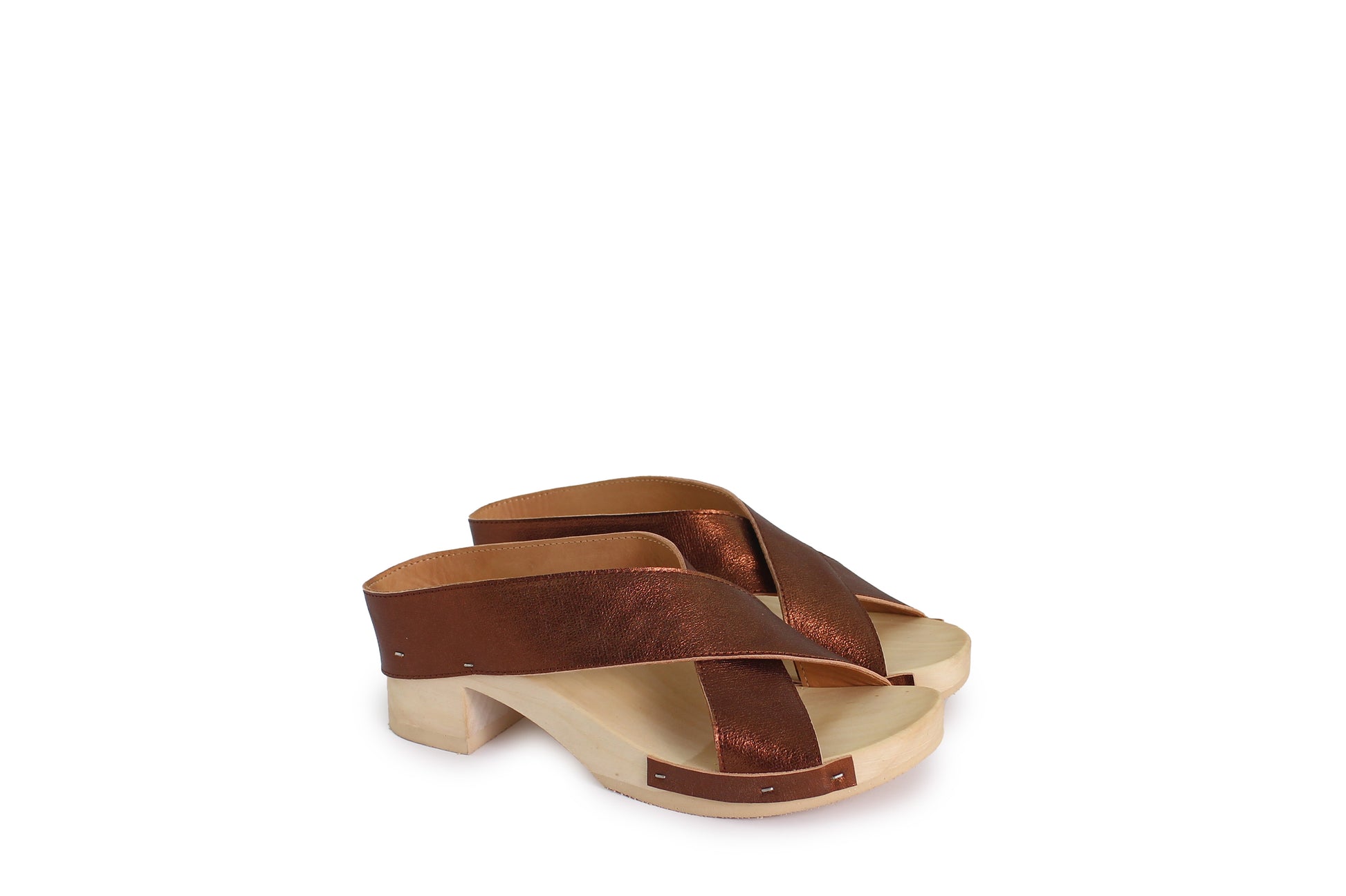 rosamosa rocco japanese x-form bronze leather wooden clog