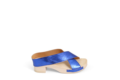 rosamosa rocco cobalt leather X form wooden clog shoe