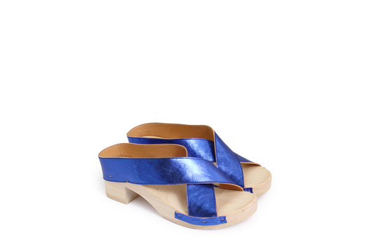 rosamosa rocco cobalt leather X form wooden clog shoe