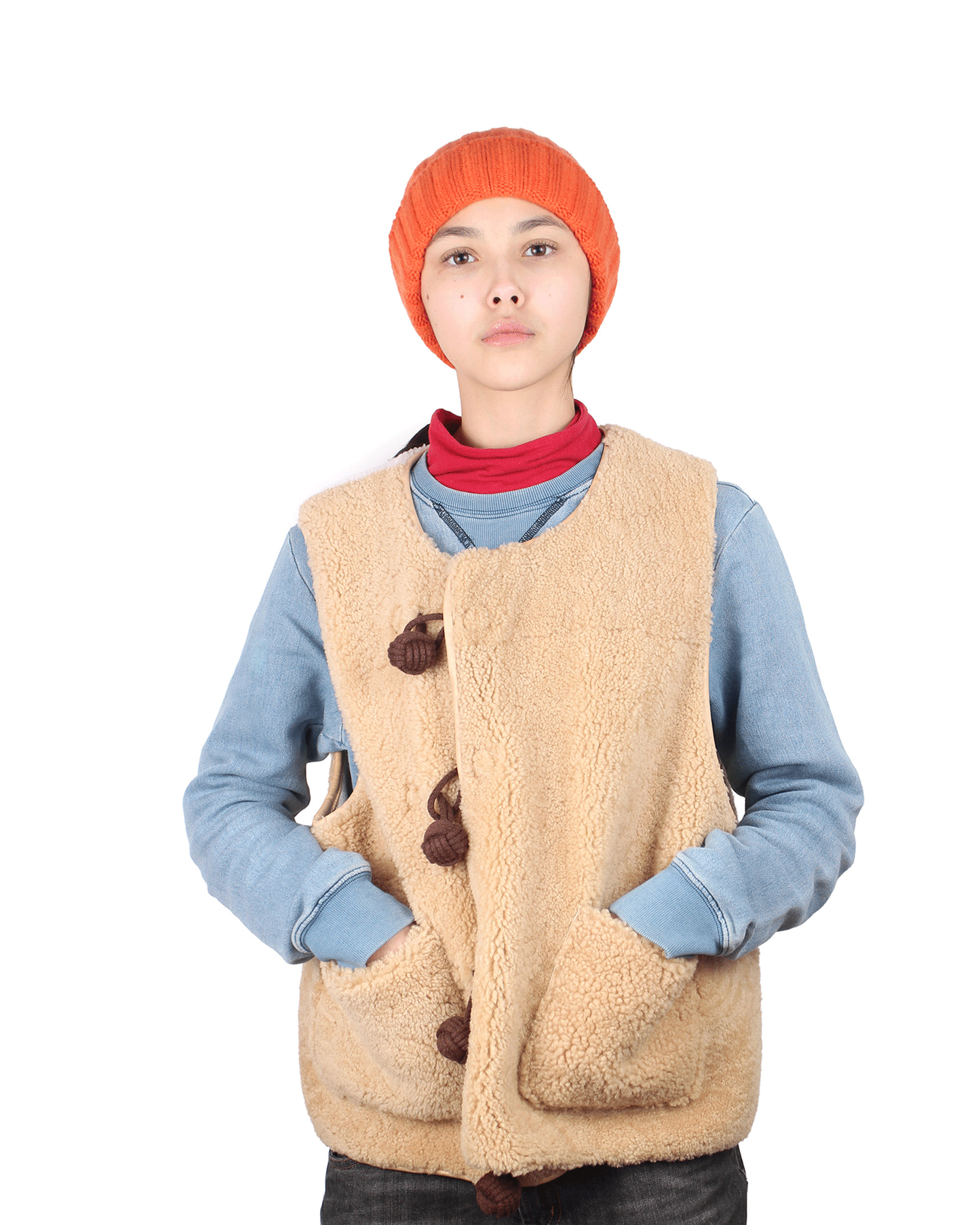 BIG BUTTON VEST + Cotton Balls/ Shearling + Beige Off-White