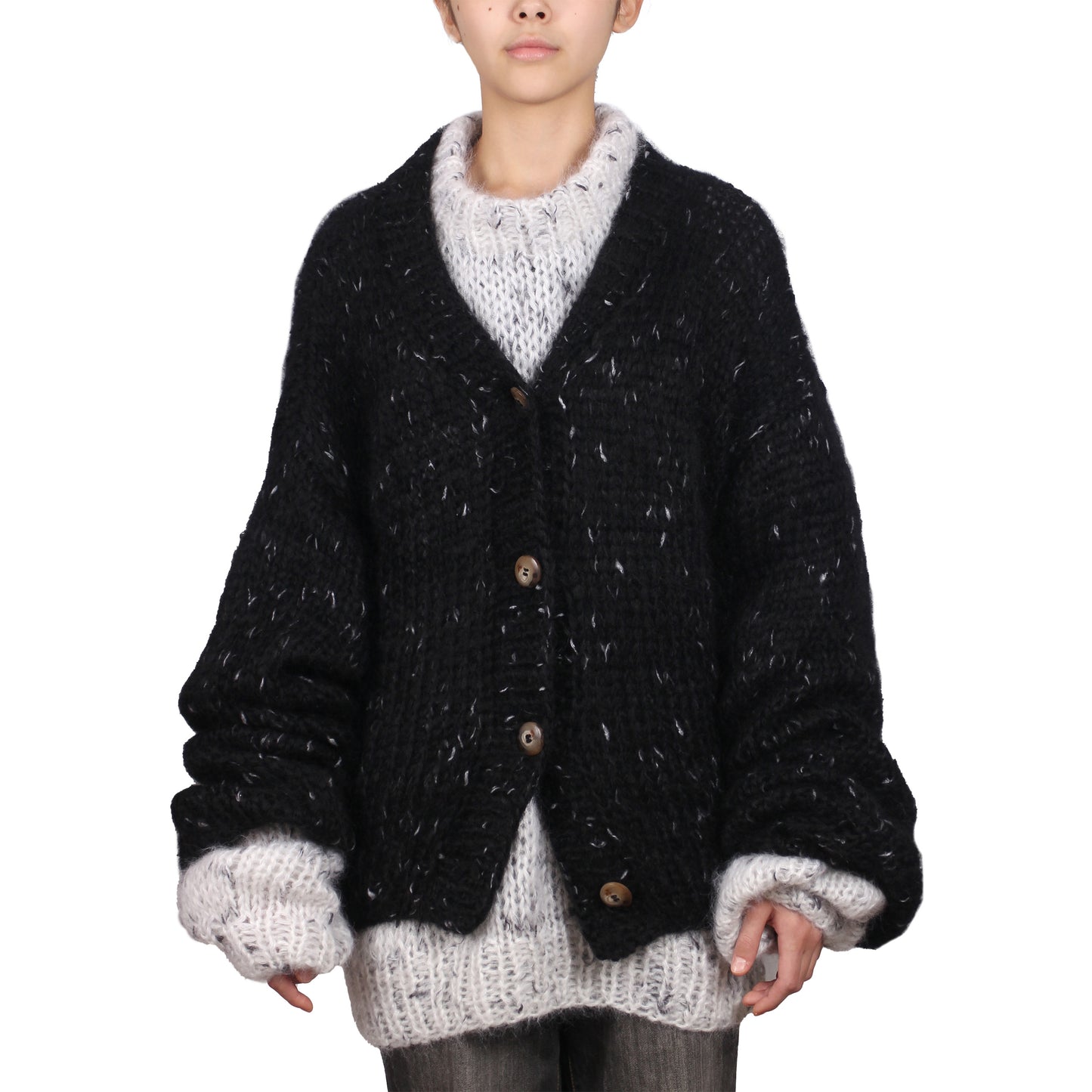 Unisex Hand Knit Mohair Cardigan + black white dots
