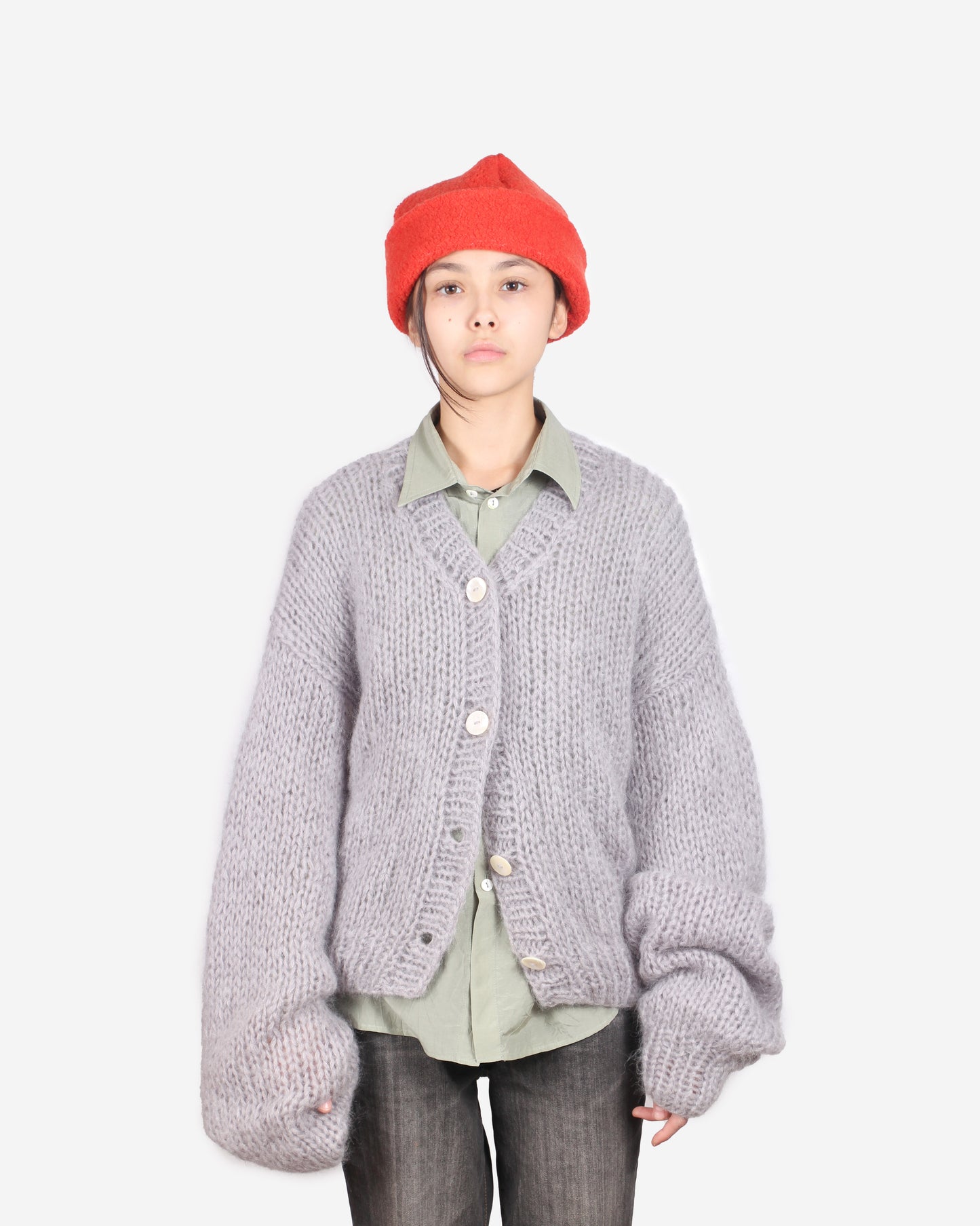 Unisex Hand Knit Mohair Cardigan + Blue Gray