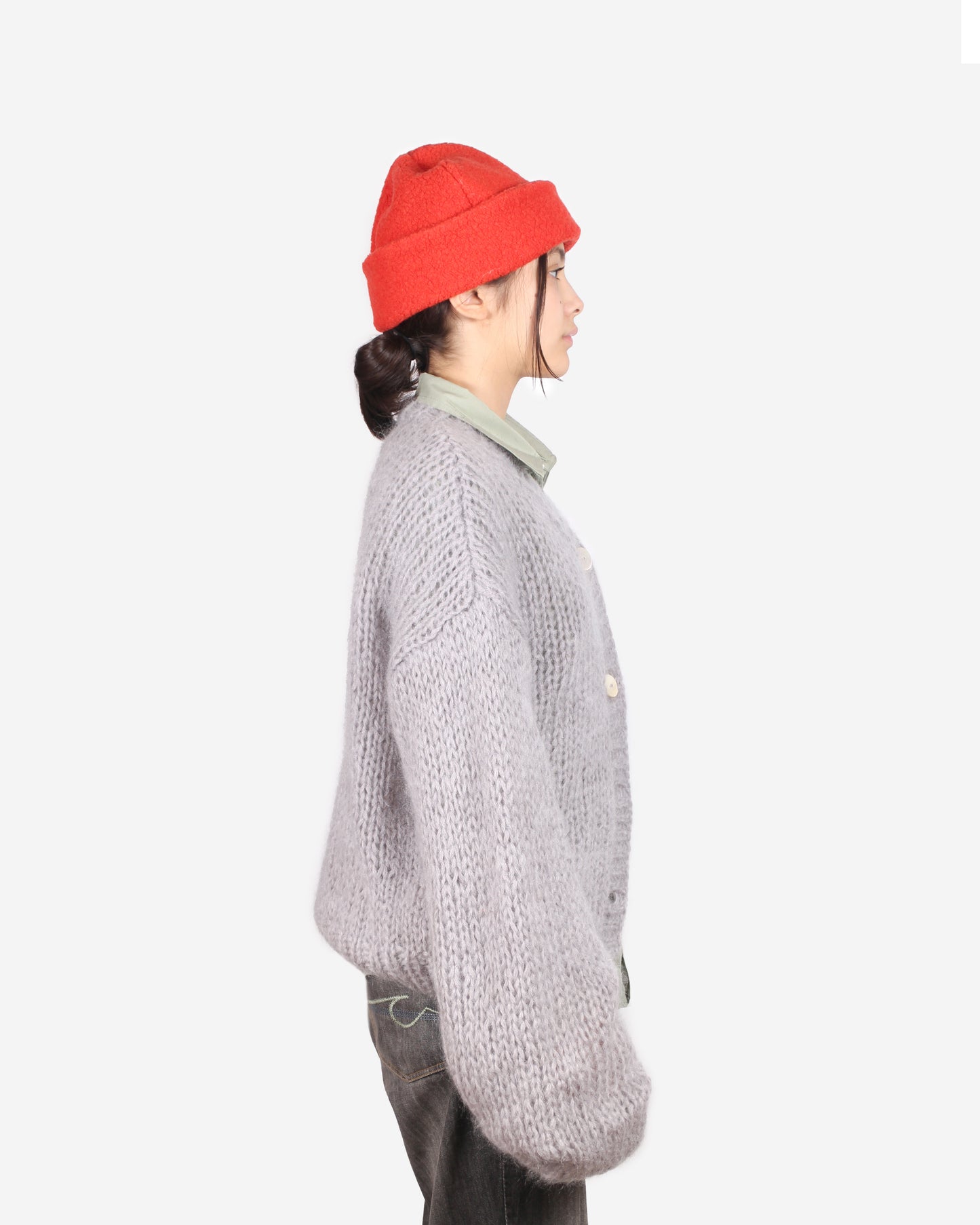 Unisex Hand Knit Mohair Cardigan + Blue Gray