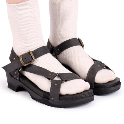 DONAU TRACK + Leather Strap Dark Clog Sandals + All Black