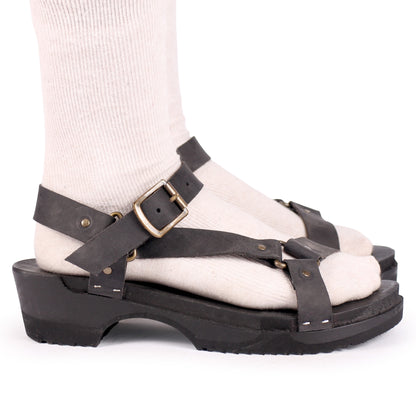DONAU TRACK + Leather Strap Dark Clog Sandals + All Black