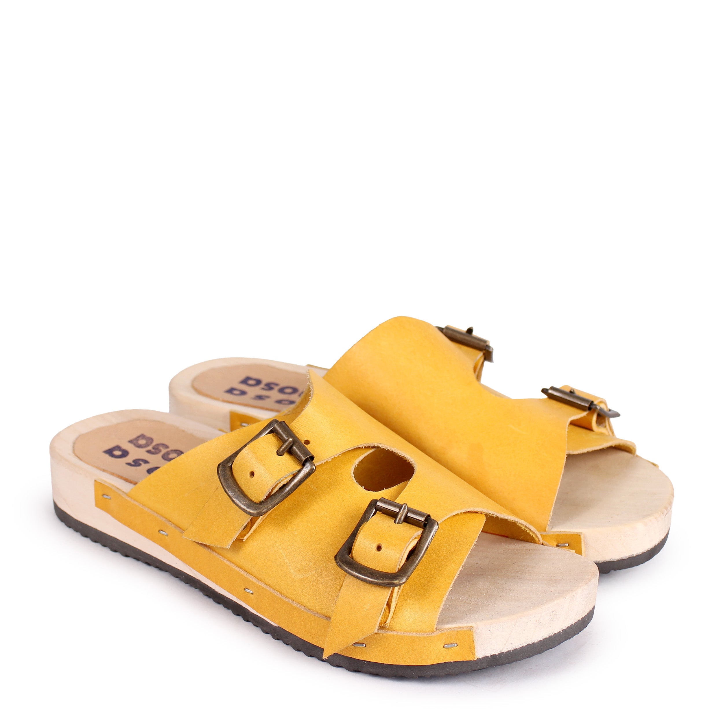 LANG FIBA + Leather Flat Clogs + Yellow