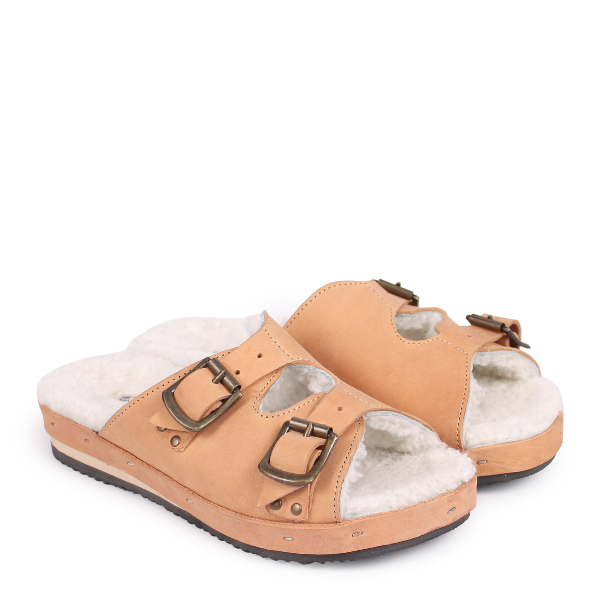 LANG FIBA CURLY + Shearling Leather Flat Clogs + Natural
