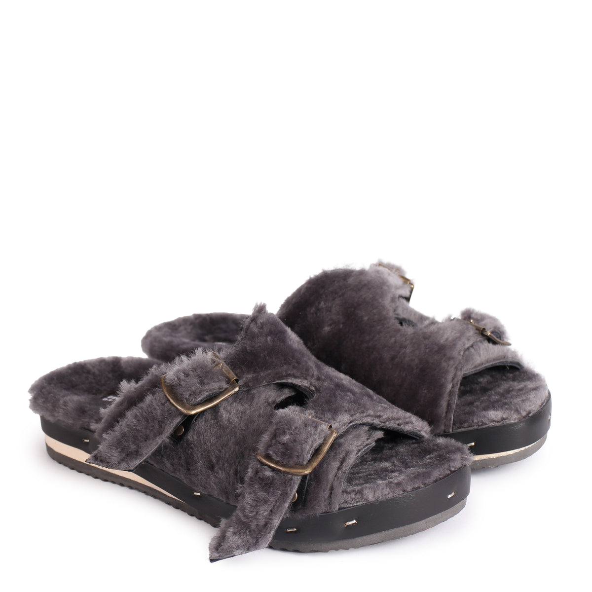 LANG FIBA SOFT + Shearling Leather Flat Clogs + Gray