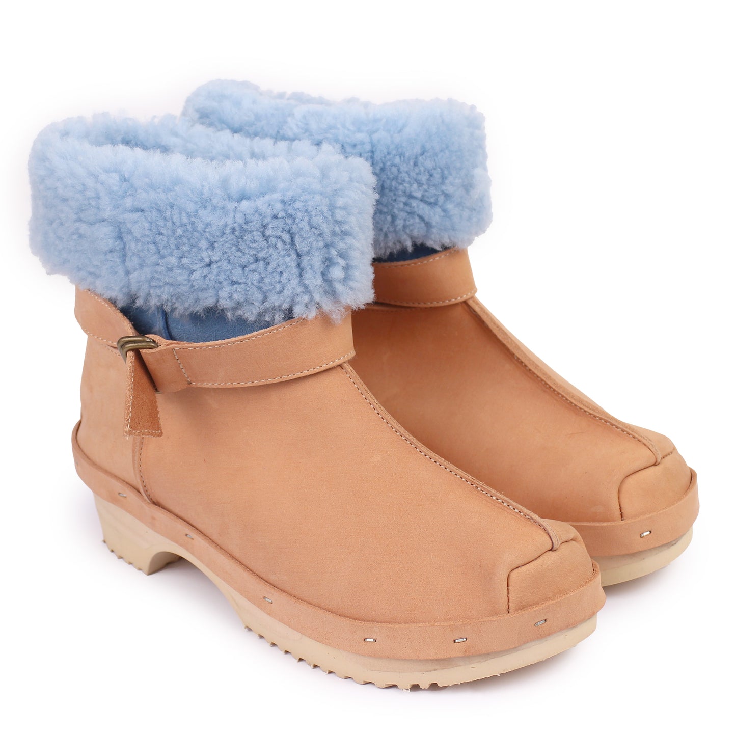 OLGA BOOTS + Leather Shearling Clog Boots + Cammello Ice Blue