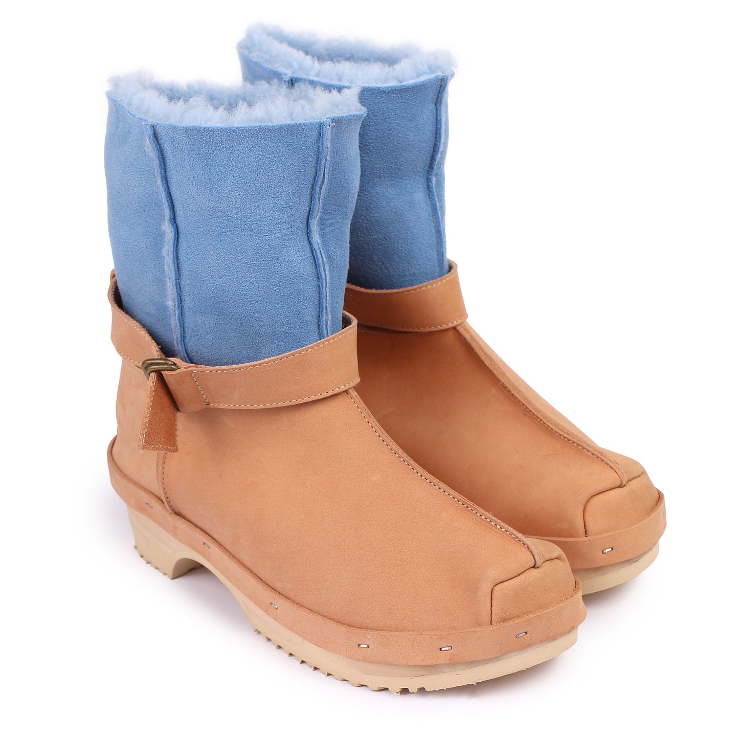 OLGA BOOTS + Leather Shearling Clog Boots + Cammello Ice Blue