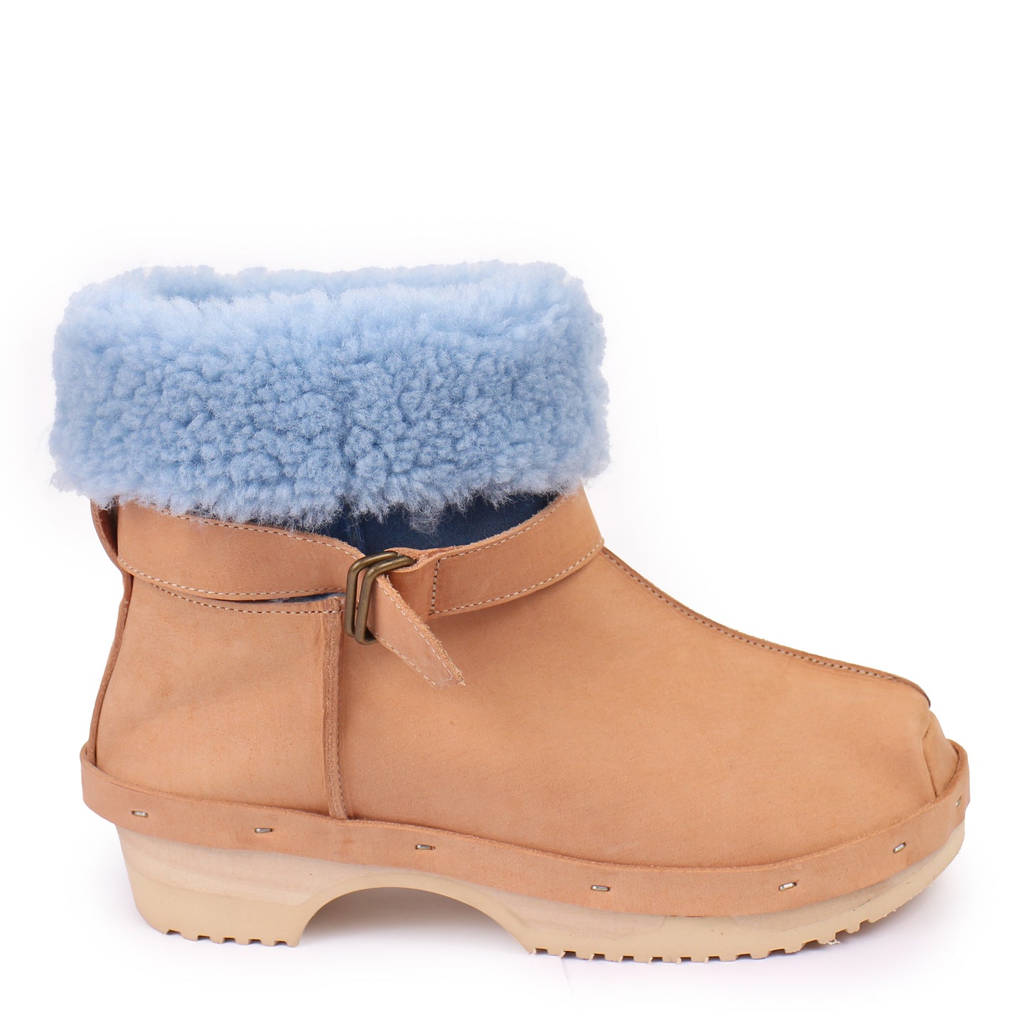 OLGA BOOTS + Leather Shearling Clog Boots + Cammello Ice Blue