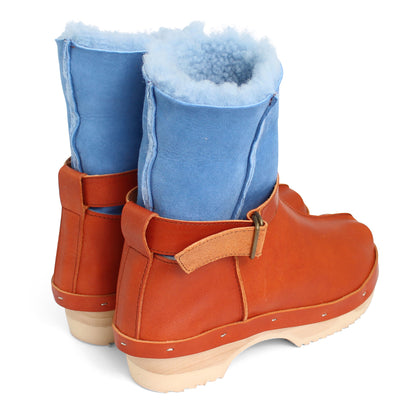 OLGA BOOTS + Leather Shearling Clog Boots + Fieno Ice Blue