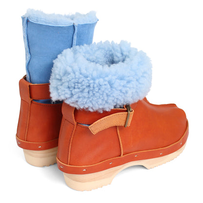 OLGA BOOTS + Leather Shearling Clog Boots + Fieno Ice Blue