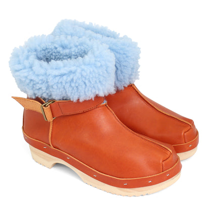 OLGA BOOTS + Leather Shearling Clog Boots + Fieno Ice Blue
