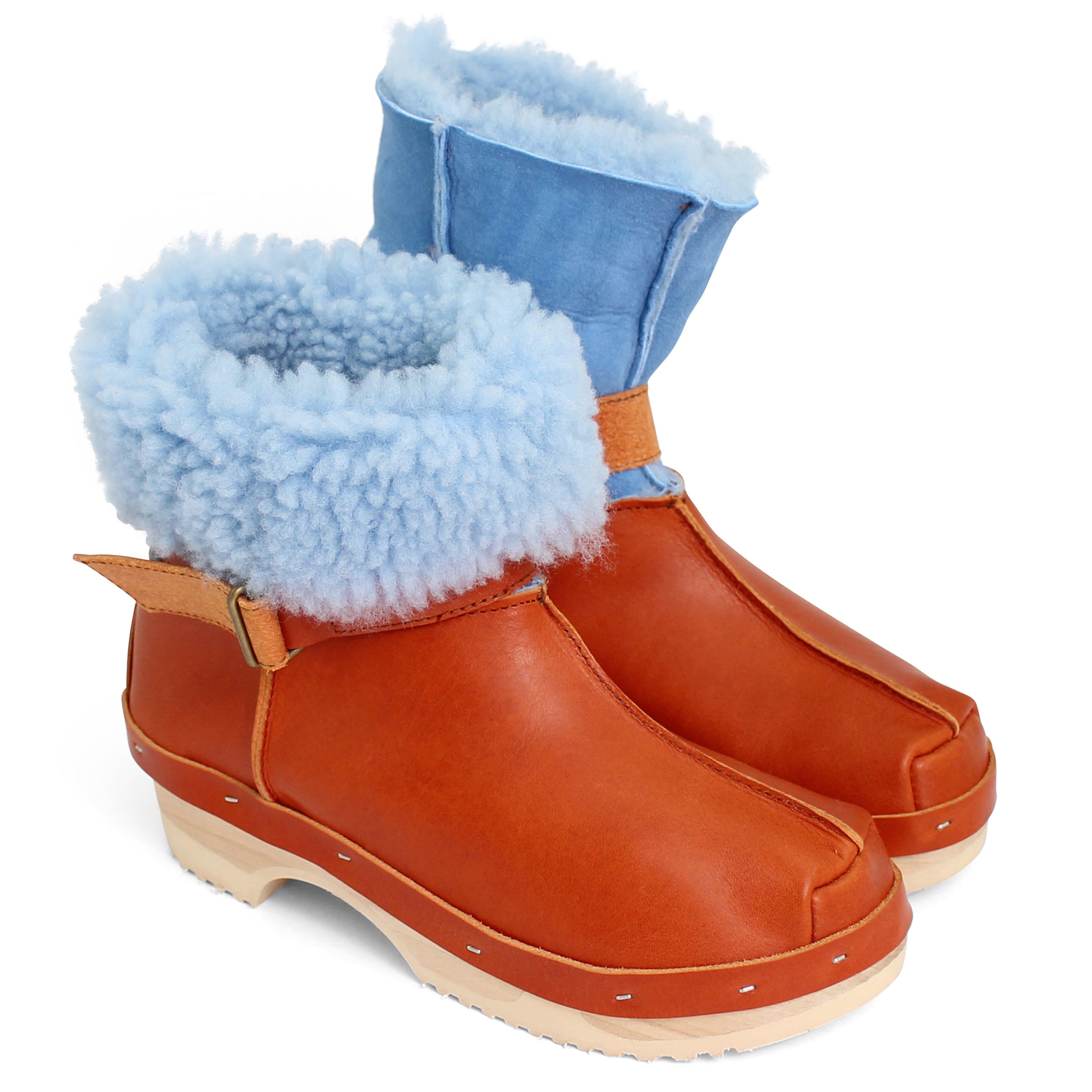 OLGA BOOTS + Leather Shearling Clog Boots + Fieno Ice Blue