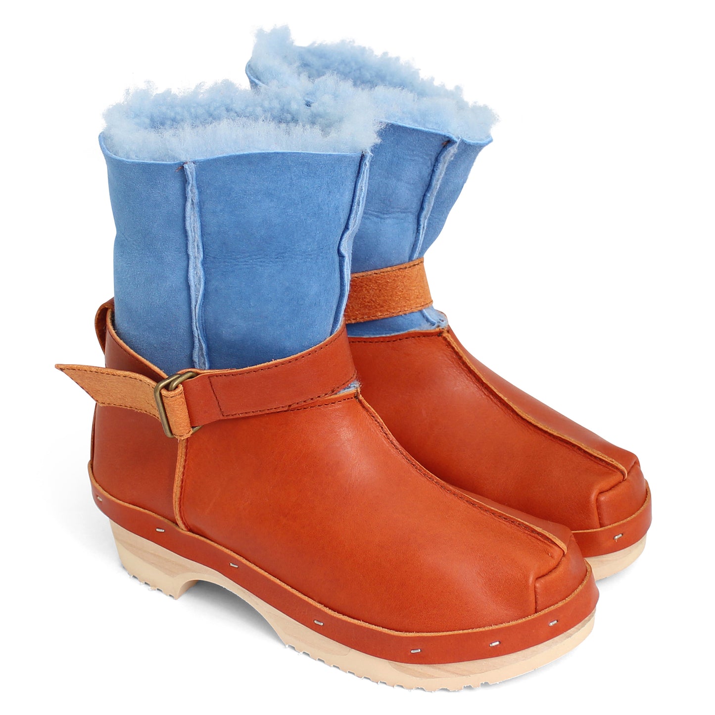 OLGA BOOTS + Leather Shearling Clog Boots + Fieno Ice Blue