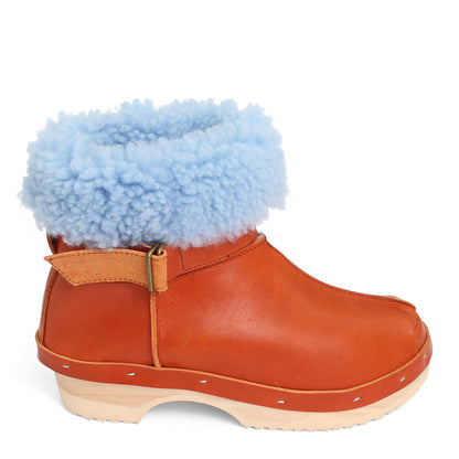 OLGA BOOTS + Leather Shearling Clog Boots + Fieno Ice Blue